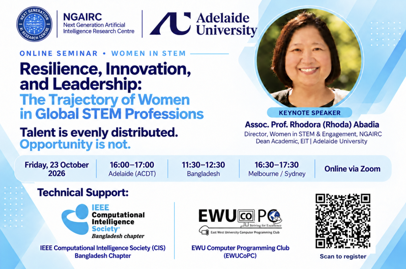 Banner for the NGAIRC Women in STEM online seminar on Friday, 23 October 2026, with keynote speaker Assoc. Prof. Rhodora (Rhoda) Abadia